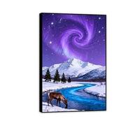 Hau3sh3a Stampa su tela aurora boreale Il cervo del cielo notturno viola beve dal fiume immagini decorazione da parete colorata per soggiorno ufficio poster animal90x60cm(35x24in) Cornice nera