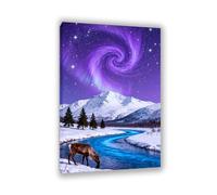 Hau3sh3a Stampa su tela aurora boreale Il cervo del cielo notturno viola beve dal fiume immagini decorazione da parete colorata per soggiorno ufficio poster animal75x50cm(30x20in) Cornice interna