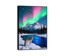 Hau3sh3a Stampa su tela aurora boreale Il lupo stava sulla riva del fiume verde rosa immagini decorazione da parete colorata per soggiorno ufficio poster animal60x40cm(24x16in) Cornice nera