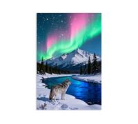 Hau3sh3a Stampa su tela aurora boreale Il lupo stava sulla riva del fiume verde rosa immagini decorazione da parete colorata per soggiorno ufficio aurora boreale poster animal75x50cm(30x20in) poster