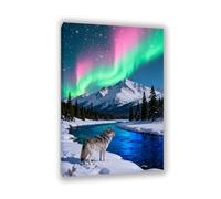 Hau3sh3a Stampa su tela aurora boreale Il lupo stava sulla riva del fiume verde rosa immagini decorazione da parete colorata per soggiorno ufficio poster animal90x60cm(35x24in) Cornice interna