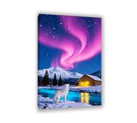Hau3sh3a Stampa su tela aurora boreale Lupo feroce della fattoria della notte stellata rosa immagini decorazione da parete colorata per soggiorno ufficio poster animal45x30cm(18x12in) Cornice interna