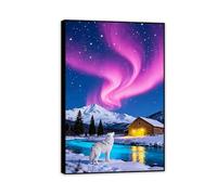 Hau3sh3a Stampa su tela aurora boreale Lupo feroce della fattoria della notte stellata rosa immagini decorazione da parete colorata per soggiorno ufficio poster animal45x30cm(18x12in) Cornice nera