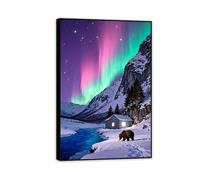 Hau3sh3a Stampa su tela aurora boreale Montagna di neve dell'orso verde e rosa immagini decorazione da parete colorata per soggiorno ufficio aurora boreale poster animal75x50cm(30x20in) Cornice nera
