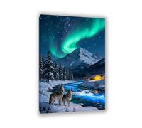 Hau3sh3a Stampa su tela aurora boreale Ululato del lupo del cedro della notte blu nevosa immagini decorazione da parete colorata per soggiorno ufficio poster animal75x50cm(30x20in) Cornice interna