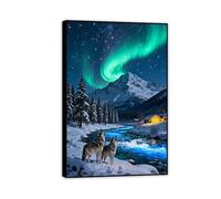 Hau3sh3a Stampa su tela aurora boreale Ululato del lupo del cedro della notte blu nevosa immagini decorazione da parete colorata per soggiorno ufficio poster animal75x50cm(30x20in) Cornice nera