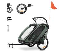 hauck Bike N Walk Duo, Dark Green - 3in1 Rimorchio Bici Bambini 2 Posti 6 Mesi a 22 kg / 120 cm - Set Completo con Accessori - Ruota Passeggino, Freno a Mano, Sospensioni, Schienali Reclinabili