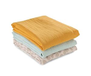 hauck Cuddle N Clean, Giallo/Menta/Leo Beige - Set 3 Pezzi Mussole Neonato - 80 x 80 cm - 100% Cotone Traspirante - Telo Allattamento, Bavaglino, Copertina, Panno Ruttino o Swaddle