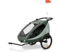 hauck Rimorchio Bici Bambini e Passeggino Dryk Duo Plus - 2 Posti (6-48 Mesi), Carrello Bicicletta Rimorchio con Timone, Ruota, Bandiera e Luce - Pieghevole, Vano XL - Verde scuro