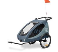hauck Rimorchio Bici Bambini e Passeggino Dryk Duo Plus - 2 Posti (6-48 Mesi), Carrello Bicicletta Rimorchio con Timone, Ruota, Bandiera e Luce - Pieghevole, Vano XL - Blu scuro