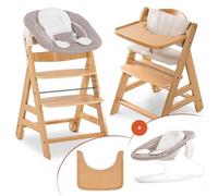 hauck Sediolone Pappa Alpha Move Newborn Set - Seggiolone Pappa Legno Evolutivo Da 0 Mesi con Sdraietta Dondolo Neonati, Cuscino e Vassoio - Legno, Beige