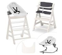 hauck Seggiolone Beta+ Newborn Set Premium da 0 Mesi - Seggiolone Legno Evolutivo, con Sdraietta Neonati (Dondolo Neonati), Cuscino Seduta, Vassoio - (Sdraietta: Grigio chiaro, Bianco)