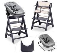 hauck Seggiolone Evolutivo Legno Beta + Newborn Set Highchair Bouncer 3in1 - Dalla Nascita Con Sdraietta Neonati Dondolo, Cuscino e Vassoio - (Grigio scuro)
