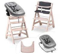 hauck Seggiolone Evolutivo Legno Beta + Newborn Set Highchair Bouncer 3in1 - Dalla Nascita Con Sdraietta Neonati Dondolo, Cuscino e Vassoio - (Whitewashed)