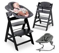hauck Seggiolone Pappa Evolutivo Alpha Plus Newborn Set Premium, Da 0 Mesi con Sdraietta Neonati Dondolo Reclinabile Extra Piatta, Cuscino in Cotone - (Bouncer Dark Grey, Nero)