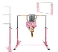 Hauki Sbarra Ginnastica Bambini Rosa, Barra Orizzontale Regolabile 95,5-150 cm in Legno e Acciaio, Attrezzo Ginnastica Artistica Pieghevole con Base Stabile, Allenamento Bambini per Interno e Esterno