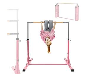 Hauki Sbarra Ginnastica Bambini Rosa, Barra Orizzontale Regolabile 95,5-150 cm in Legno e Acciaio, Attrezzo Ginnastica Artistica Pieghevole con Base Stabile, Allenamento Bambini per Interno e Esterno