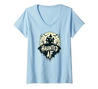 Haunted AF: Spooky Manor Halloween Horror Night Maglietta con Collo a V, Donna, Celeste, S