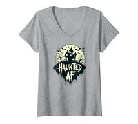 Haunted AF: Spooky Manor Halloween Horror Night Maglietta con Collo a V, Donna, Grigio Melange, L