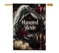 Haunted Bride - Bandiera gotica per la casa, con zucche, 71 x 101 cm | Cornice in pizzo gotico, bandiera del prato, rose rosse scuro, accenti candelabri, motivo velo da sposa