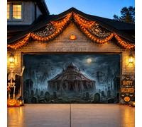 Haunted Carnival Cimitero Scena Tenda Garage Door Cover 390 x 180 cm | Scena gotica del circo, sfondo della porta del garage, sfondo del cimitero spettrale, atmosfera notturna al chiaro di luna