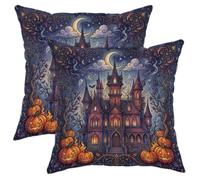 Haunted Castle - Set di 2 federe per cuscino a tema Halloween, 35,5 x 35,5 | Jack-o'-lanterns, federe per cuscini, fantasmi spettrali, luna crescente, architettura gotica, decorazione autunnale