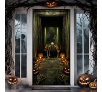 Haunted Dungeon Skeleton Theme Halloween Door Covers 91,4 x 182,9 cm | Zucche Jack-o'-lantern, sfondo porta d'ingresso, scala in pietra, atmosfera inquietante sotterranea, tema horror