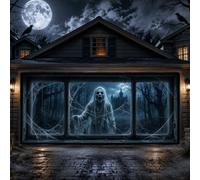 Haunted Ghost Mansion Scene Halloween copertura per porta del garage, 390 x | Tema spettrale del palazzo infestato, decorazioni per porte del garage, sfondo della foresta, paesaggio della luna piena