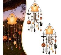 Haunted Glow Ghost Wind Chime, Lighted Ghost Wind Chime with Hanging Bells, Halloween Outdoor Hanging Decor for Porch Patio Garden Tree Yard (2Pcs)
