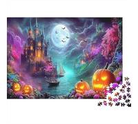 Haunted Halloween Castello Puzzle Fai Da Te 1000 Pezzi Cartone Spesso Baia Illuminata dalla Luna Allenamento Cognitivo Anziani, Miglioramento Memoria, Legame Familiare Regalo 38x26cm/1000pcs
