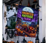 Haunted Hayride Farm Halloween Tractor House Flag 71,1 x 101,6 cm | Driver scheletro, bandiera del prato, Jack-o'-lanterns, notte al chiaro di luna, paesaggio agricolo, recinzione rustica