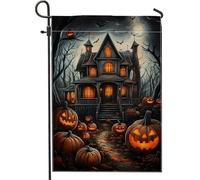 Haunted House Bandiera da giardino di Halloween, decorazione arancione con zucca per l'autunno, bandiera spettrale stagionale su entrambi i lati, decorazione per esterni per prato e giardino, tema