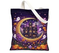 Haunted House, borsa larga in tela, fantasiosa luna crescente con fantasma, Halloween, viola, 33 x 38 cm, Viola, 13x15 Inch