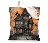 Haunted House, borse della spesa riutilizzabili, in tela, design gotico spettrale, borse della spesa riutilizzabili, spalla lavabile leggera vintage per Halloween, Arancione, 13x15 Inch