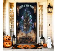 Haunted House - Copertina per porta con citazione di Halloween, 91 x 183 cm | Immagini gotiche del libro degli incantesimi, striscione per porta d'ingresso, accenti fantasma luminosi, atmosfera spettrale