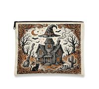 Haunted House, tela con cerniera, cappello da strega gotico fantasioso gatto Halloween nero portatile con cerniera piccola borsa per la cura della pelle per viaggi, toeletta, bagno, borsa per riporre