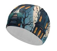 Haunted House Tree Witch Cuffia da nuoto per Halloween, comoda cuffia da doccia per riduzione della resistenza e protezione dei capelli, cuffia da bagno elastica morbida e resistente per mantenere