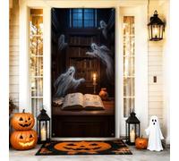 Haunted Library - Copri porta con citazione fantasma per Halloween, 91 x | Scena gotica della biblioteca, striscione della porta d'ingresso, spiriti eterei, libro degli incantesimi aperto
