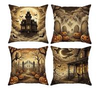 Haunted Mansion - Set di 4 federe per cuscino per Halloween, 30,5 x 30,5 cm | Scenario gotico del cimitero, federe per cuscini, zucche Jack-o'-lantern, spiriti spettrali, sfondo della foresta lunatica