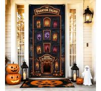 Haunted Mansion, striscione d'ingresso per Halloween, 91 x 182 cm | Estetica luminosa di notte, striscione per porta d'ingresso, architettura spettrale, scritta vintage per tendone