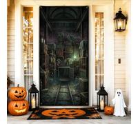Haunted Mine Shaft Horror Scene Halloween Door Covers 91,4 x 182,9 cm | Tema del dungeon infestato, sfondo della porta d'ingresso, tracce del treno abbandonato, casse di legno spettrali