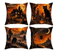Haunted - Set di 4 federe per cuscino a tema gotico, 56 x 56 cm | Arte gotica, federe per cuscini, cimitero spettrale, motivo gatto, decorazione per la casa stagionale, atmosfera misteriosa