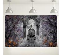 Haunted Sfondo della stazione ferroviaria, decorazione vintage spettrale per feste di Halloween, sfondo forestale per eventi fotografici, 180 x 109 cm