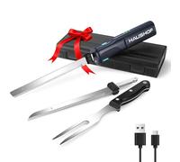HAUSHOF Coltello Elettrico a Batteria con Coltello da Pane 18cm, Coltello da Bistecca 20cm e Forchetta, Coltello da Cucina Batteria 2000mAh, Ideale per Affettare Cotolette, Pane, Formaggio - Nero