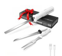 HAUSHOF Coltello Elettrico a Batteria con Coltello da Pane 18cm, Coltello da Bistecca 20cm e Forchetta, Coltello da Cucina Batteria 2000mAh, Ideale per Affettare Cotolette, Pane, Formaggio - Bianco
