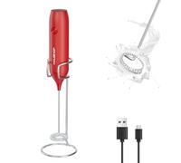HAUSHOF Montalatte Eletrico con Supporto, Frullino Elettrico Ricaricabile in Acciaio INOX per Cappucino, Schiuma Latte Eletrico per Cappuccino, Espresso, Latte, Uova- Rosso