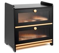 HAUSPROFI Scatola per il Pane in Bambù 2 Ripiani, Scatola per Pane in Legno con Tagliere, Ventilazione, Finestra Ondulata Trasparente, Elegante, 40x25x40cm Grande, Nera