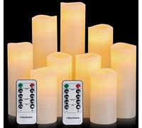 Hausware Set di 9 Candele senza fiamma, 10,2 cm 12,7 cm 15,2 cm 17,8 cm 20,3 cm 22,9 cm funzionamento a batteria, per esterni luci LED candele con telecomando e timer (avorio)