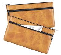 HAUTOCO 2 sacchetti per soldi con cerniera, 28 x 15,5 cm, in rilievo con fodera in pelle PU, due tasche, portafoglio multiuso per contanti, ricevute, monete, cosmetici, marrone