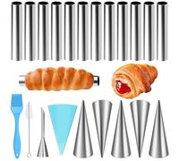 HavaCue 21 Pezzi Stampi per Cannoli Set,Scciaio Inossidabile Cannoli Stampi,Forme per Cannoli, Con Spazzola Detergente, Sacchetto Pasticceria, Bocca Crema per Riccioli Cannelloni Schiller